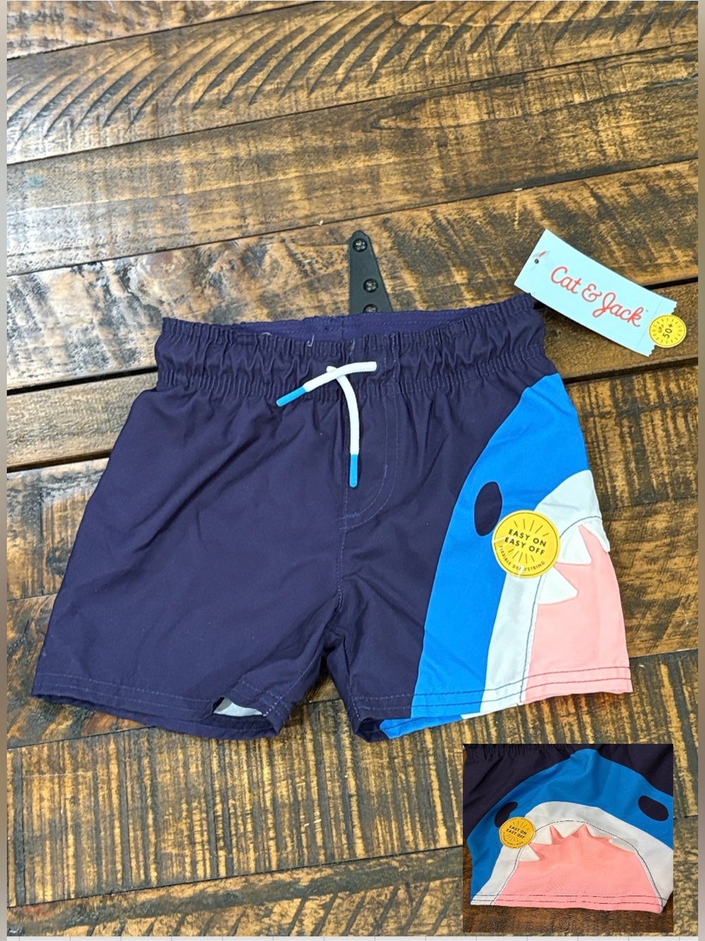 Cat & Jack Navy Blue Shark Swim Shorts with Pink Accent